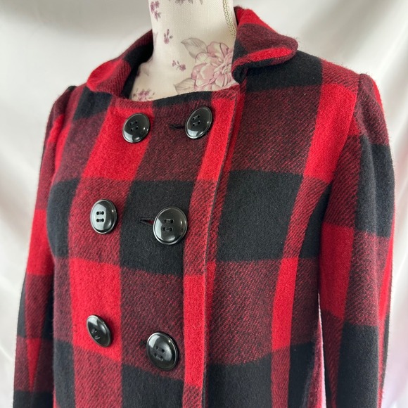 Relativity Red Black Buffalo‎ Plaid Wool Blend Peacoat Jacket PM Petite Medium - Picture 8 of 17